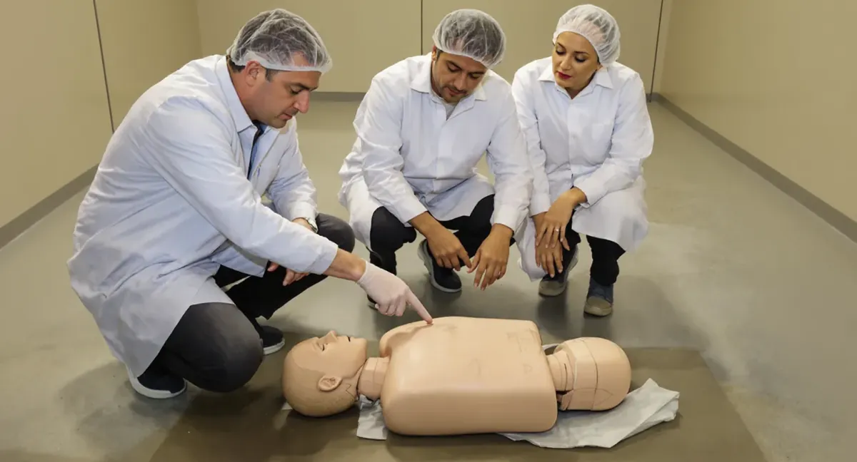 Session de formation sauveteur secouriste du travail à Mesnils-sur-Iton : le formateur montre le point de compression sur le mannequin