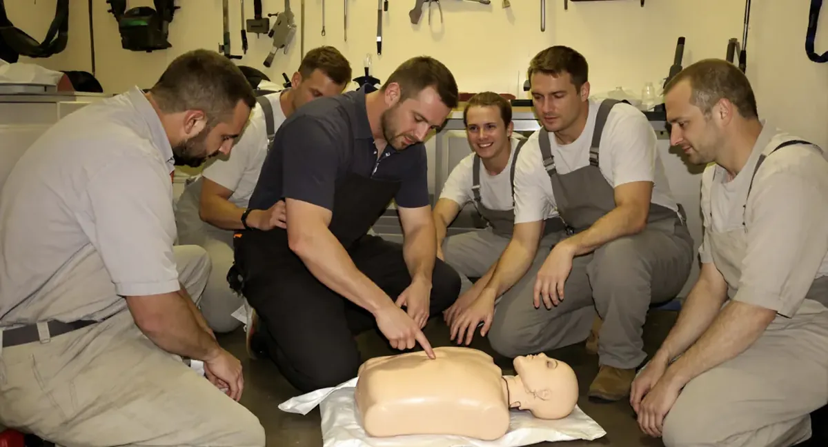 Session de formation sauveteur secouriste du travail à Cessy : le formateur montre le point de compression sur le mannequin