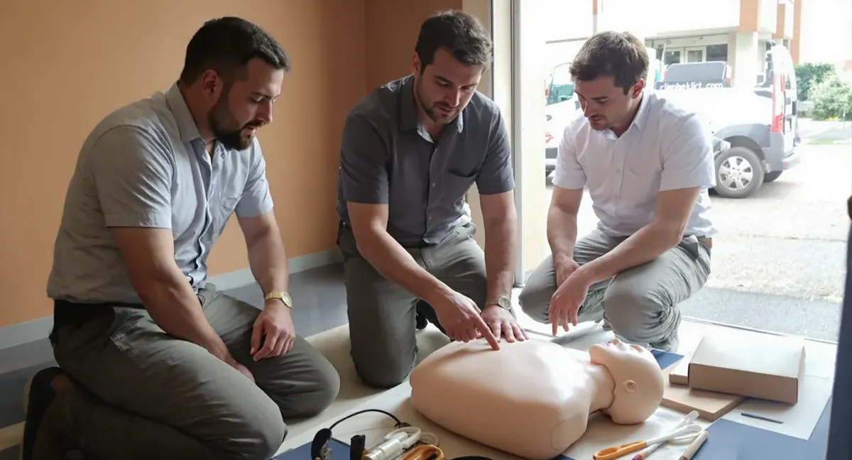 Session de formation sauveteur secouriste du travail à Bâgé-Dommartin : le formateur montre le point de compression sur le mannequin