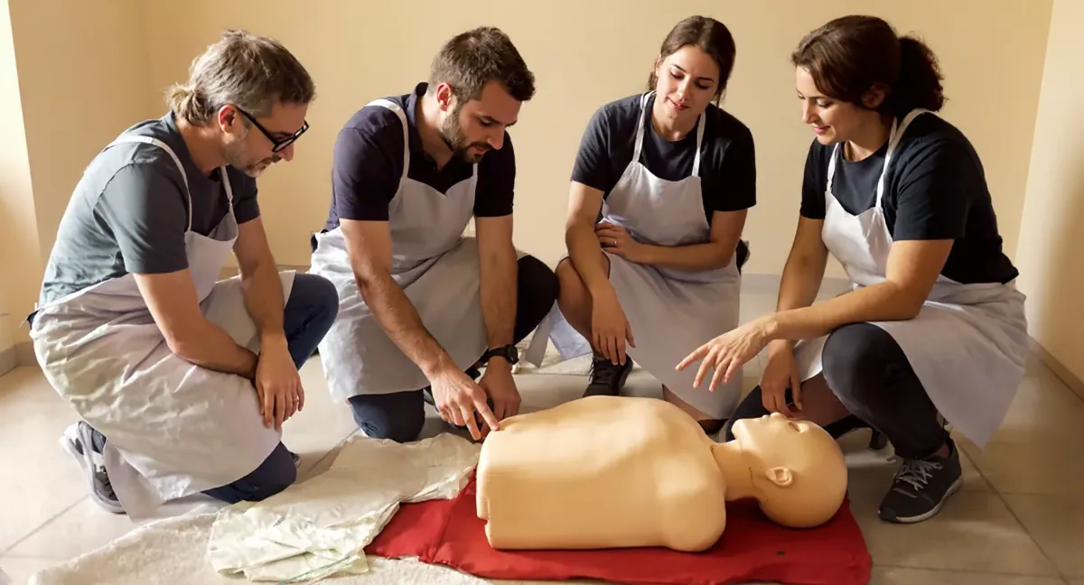 Session de formation sauveteur secouriste du travail à Beynost : le formateur montre le point de compression sur le mannequin