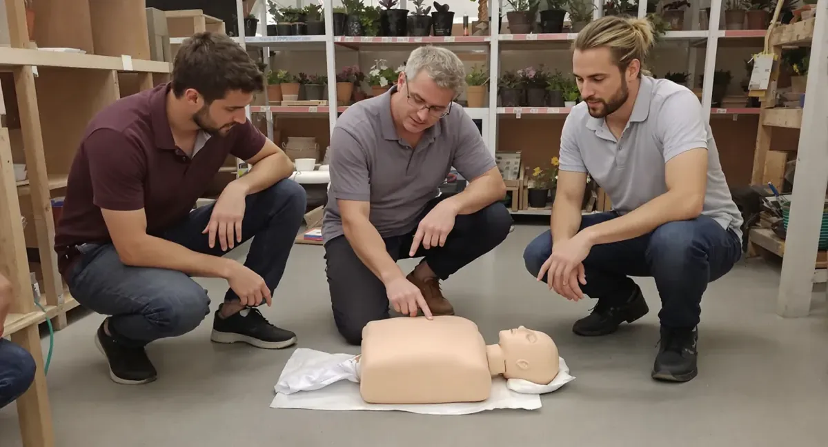 Session de formation sauveteur secouriste du travail à Uckange : le formateur montre le point de compression sur le mannequin