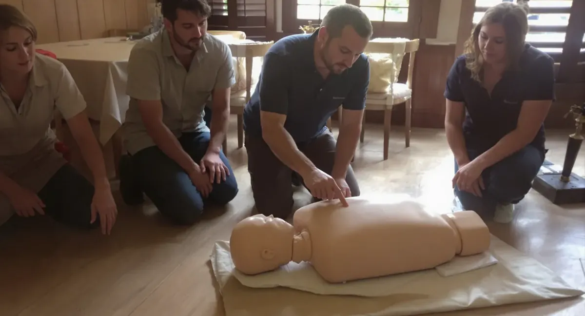 Session de formation sauveteur secouriste du travail à Fleurance : le formateur montre le point de compression sur le mannequin