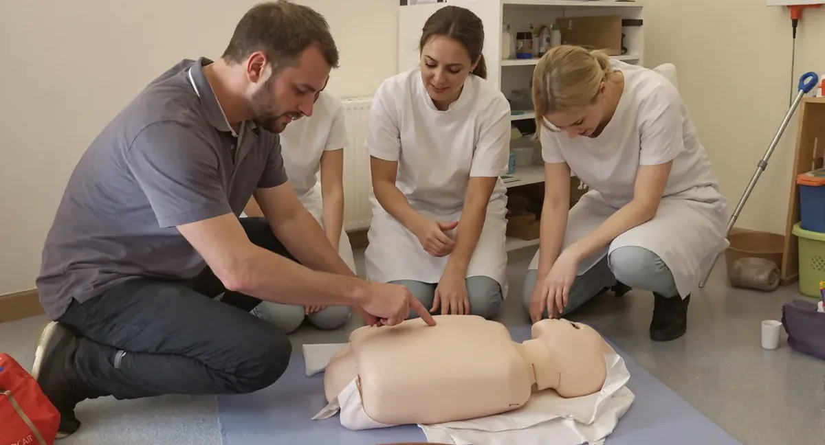 Session de formation sauveteur secouriste du travail à Gimont : le formateur montre le point de compression sur le mannequin